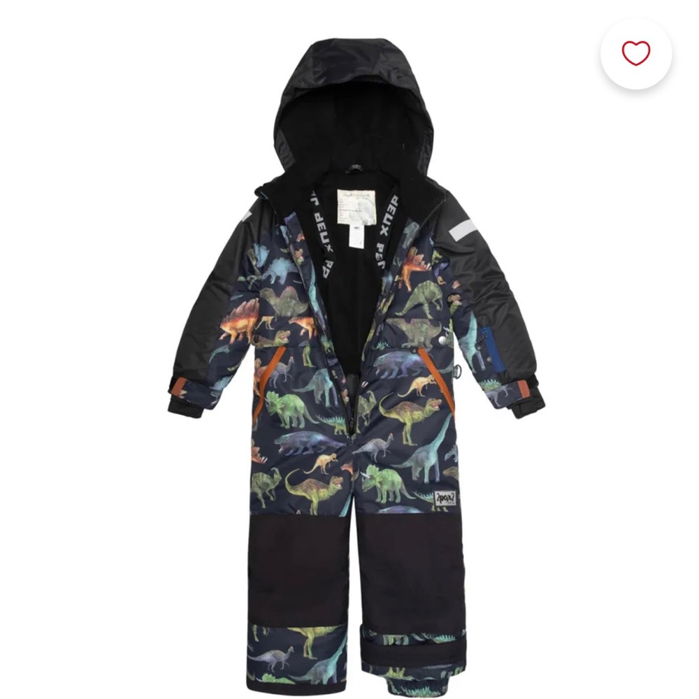 Cute and warm Deux par Deux Dino one-piece snow suit, size 6 kids. Never worn.